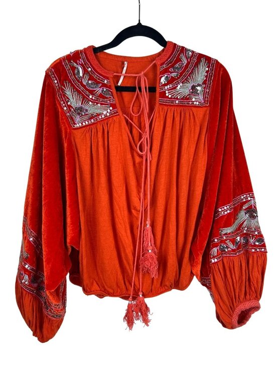Free People Tops - Free People Heart Aflame Top Women's Size Small Orange Sequin Balloon Sleeve
